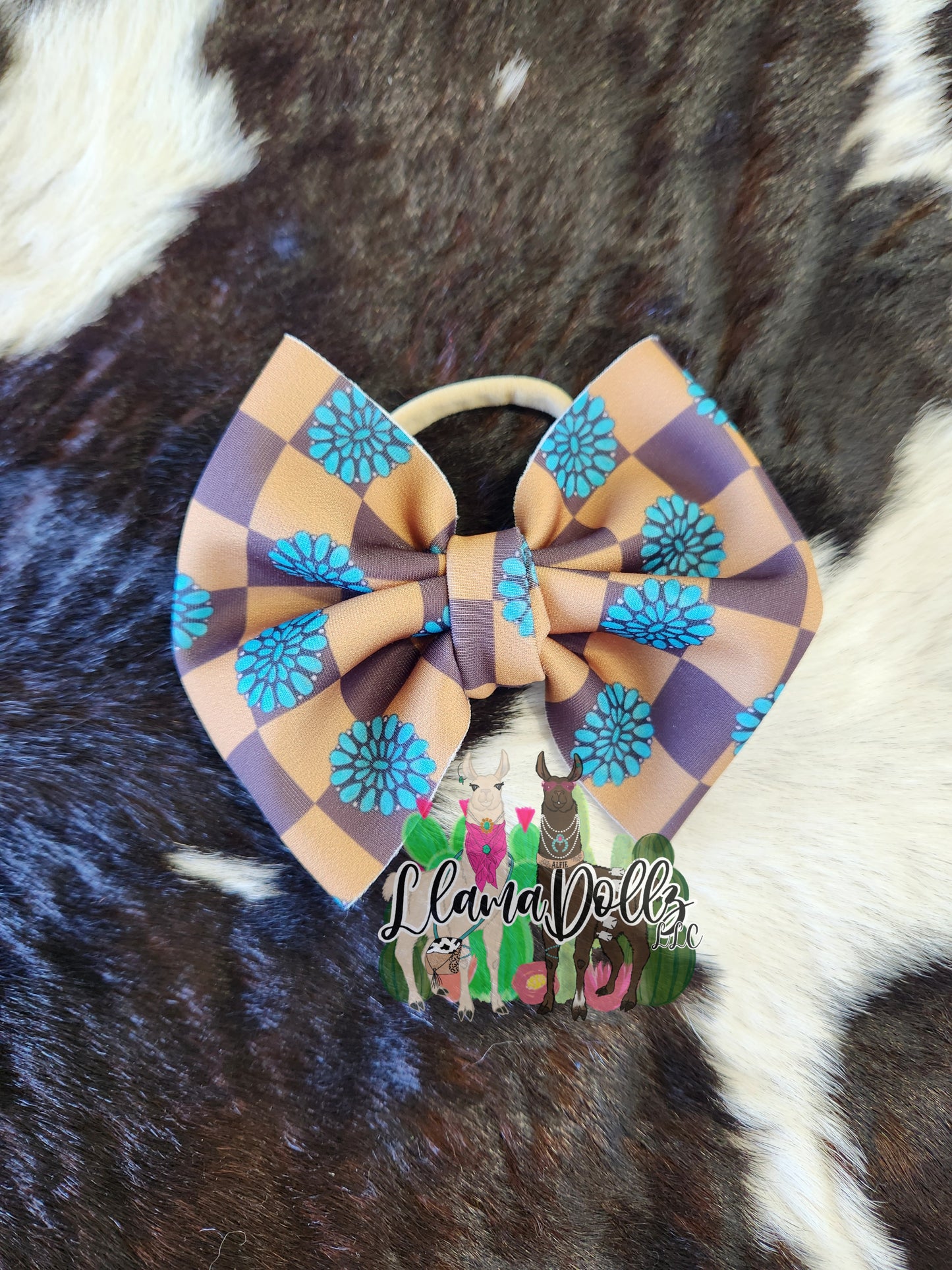 Tan Check & Turquoise Bow