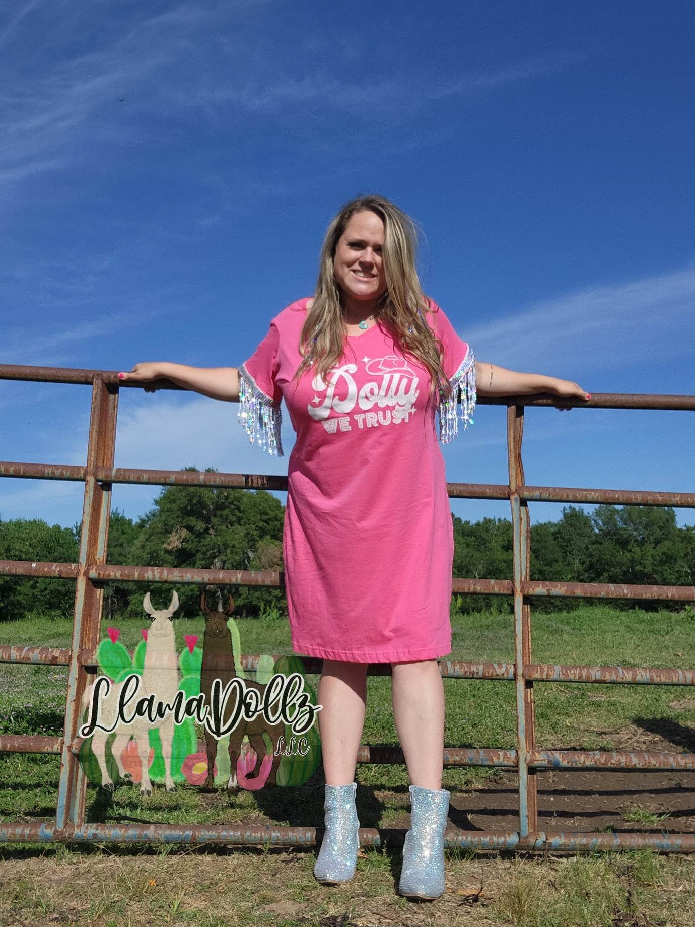 In Dolly We Trust Sequin Fringe Sleeve Tshirt Dress