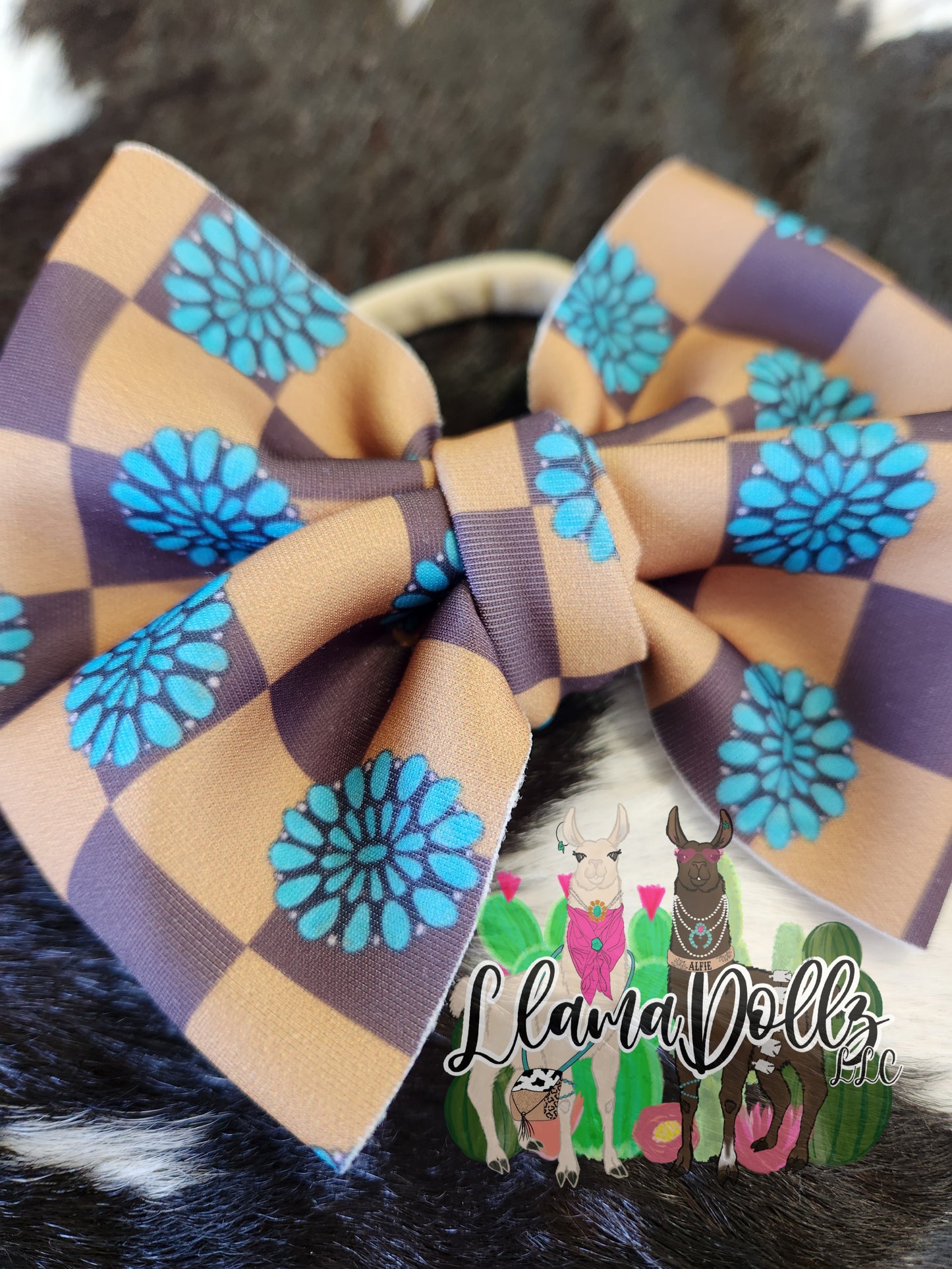 Tan Check & Turquoise Bow